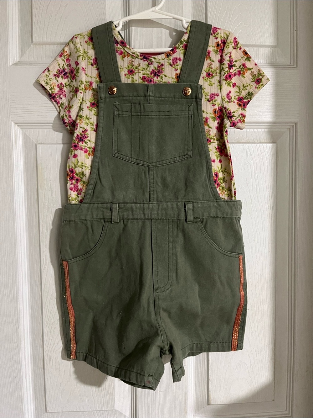 Olive Green Girls' Bermuda Overall Set with Floral Tee